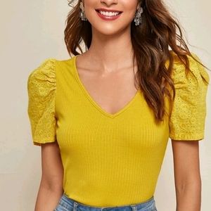Eyelet embroidered sleeve rib knit Top